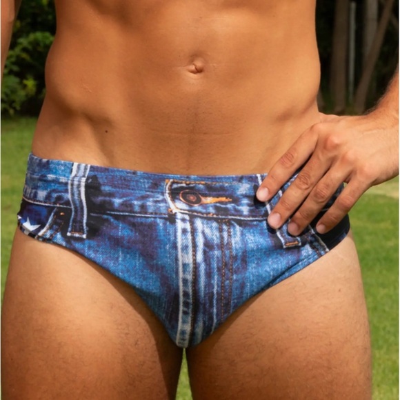Blue Denim Print Swim Trunks - Picture 3 of 11